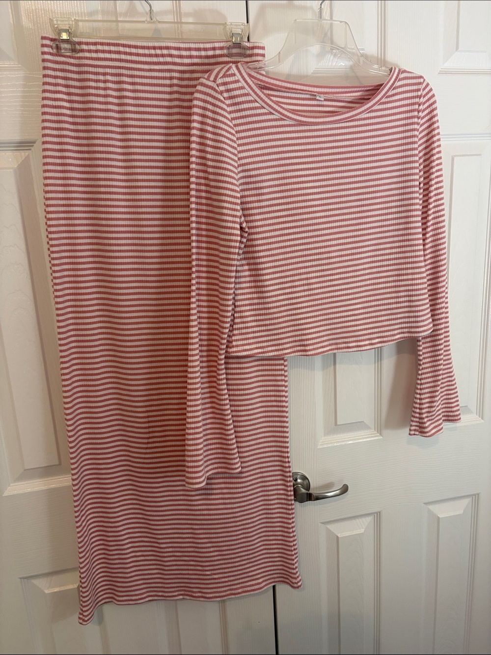 Striped Long-Sleeve Crop Top & Maxi Skirt Pajama Set - Pink/White